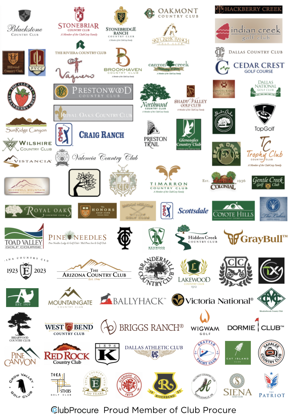 Country club partner logos including Prestonwood, Stonebriar, Craig Ranch, TopGolf, and many more