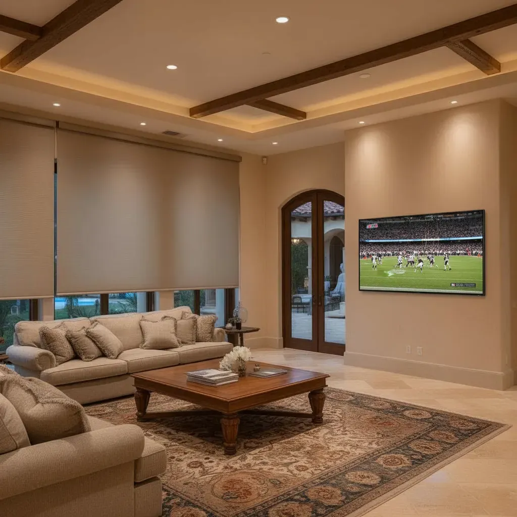 Living room with Lutron shades and Control4 panel