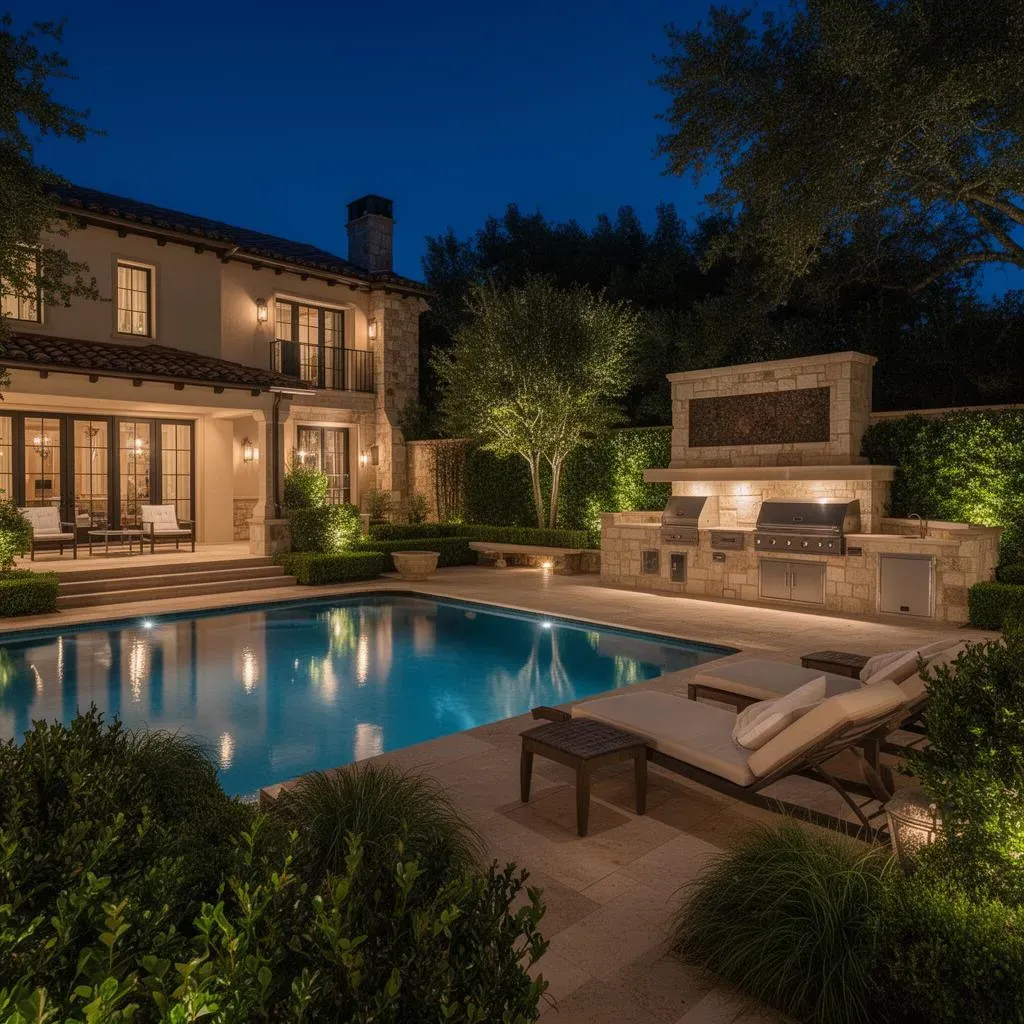 Pool area with outdoor kitchen and entertainment